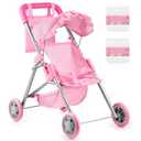 GAGAKU Baby Doll Stroller for Toddlers, Foldable Toy Stroller with Storage Basket and Bag, Diapers - Reborn Doll Accessories for Girls & Kids Ages 3+, Pink