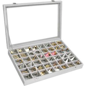 Velvet Jewelry Tray 48 Grid Jewelry Display Tray Organizer Box with Transparent Lid Rings Earrings Necklaces Pendants Display Box Suitable for Women and Girls (Grey)