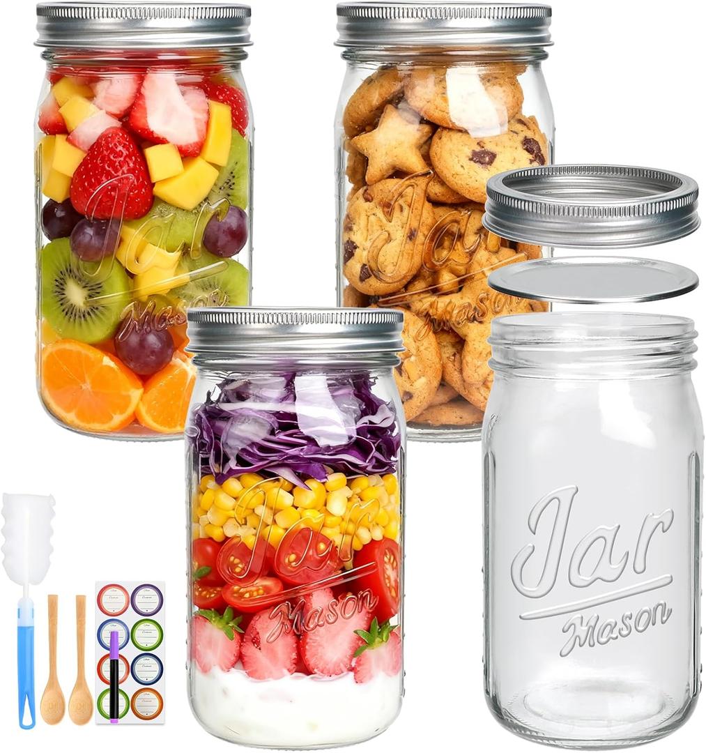 32oz Canning Jars, Wide Mouth Mason Jars with Lids and Bands Excellent Choice for Canning,Fermenting,Pickling,Spice Jars,Canned Goods,DIY Projects,Wedding Favors,Microwave/Freeze/Dishwasher Safe,4Pack