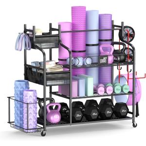 Mythinglogic Weight Rack for Dumbbells, Home Gym Storage for Yoga Mat Dumbbells Kettlebells and Strength Training Equipment, Dumbbell Rack with Wheels and Hanging Hooks (Black)