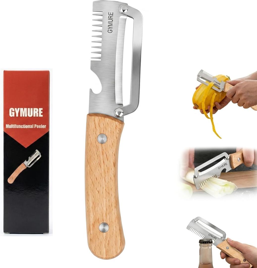3 in 1 Multifunctional Vegetable Peeler with Wooden Handle and Bottle Opener, Stainless Steel Peelers for Kitchen, Multi Functional Vegetable Peeler for Fruit Potato Carrot Pumpkin Zucchini (1 PACK)