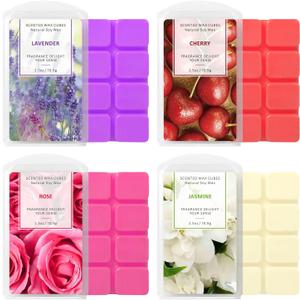 STRN Wax Melts Soy Wax Cubes 4 Pack Scented Wax Melts Warmer, Scented Wax Cubes for Warmers Soy Wax Cubes Candle Wax Melts, Rose, Lavender, Jasmine, Cherry (4 x 2.5oz) (Flowers&fruit)