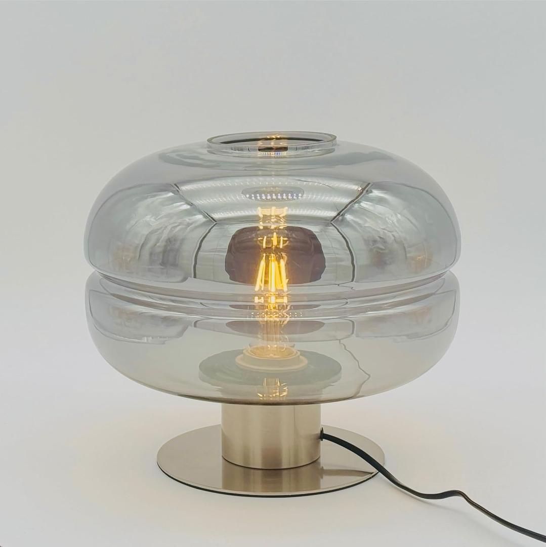 Lotus Atelier Modern Table Lamp, Smoked Glass Shade, Brushed Metal Base Aesthetic Home Decor
