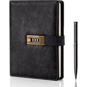 WEMATE Diary with Lock, A5 PU Leather Journal with Lock 240 Pages, Vintage Locks Journal Password Notebook with Pen, Locks Diary Planner Organizer for Men and Women, 8.6x5.8in Black