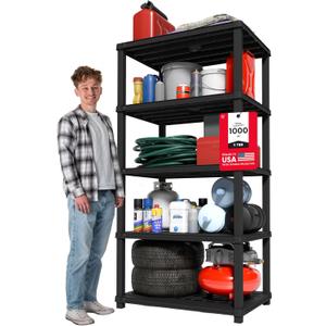 IRIS USA 5-Shelf Extra Heavy Duty Deep Plastic Storage Shelves, 1000lb Capacity, 75" H x 36" W x 24" D, Large Modular Shelving Unit Storage Organizer for Garage, Home, Warehouse & Gym, Rack - Black