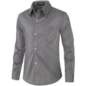 Spring&Gege Boys Dress Shirt Sateen Long Sleeve Wrinkle-Free Solid Formal Wedding Button Down Shirts 14 Grey