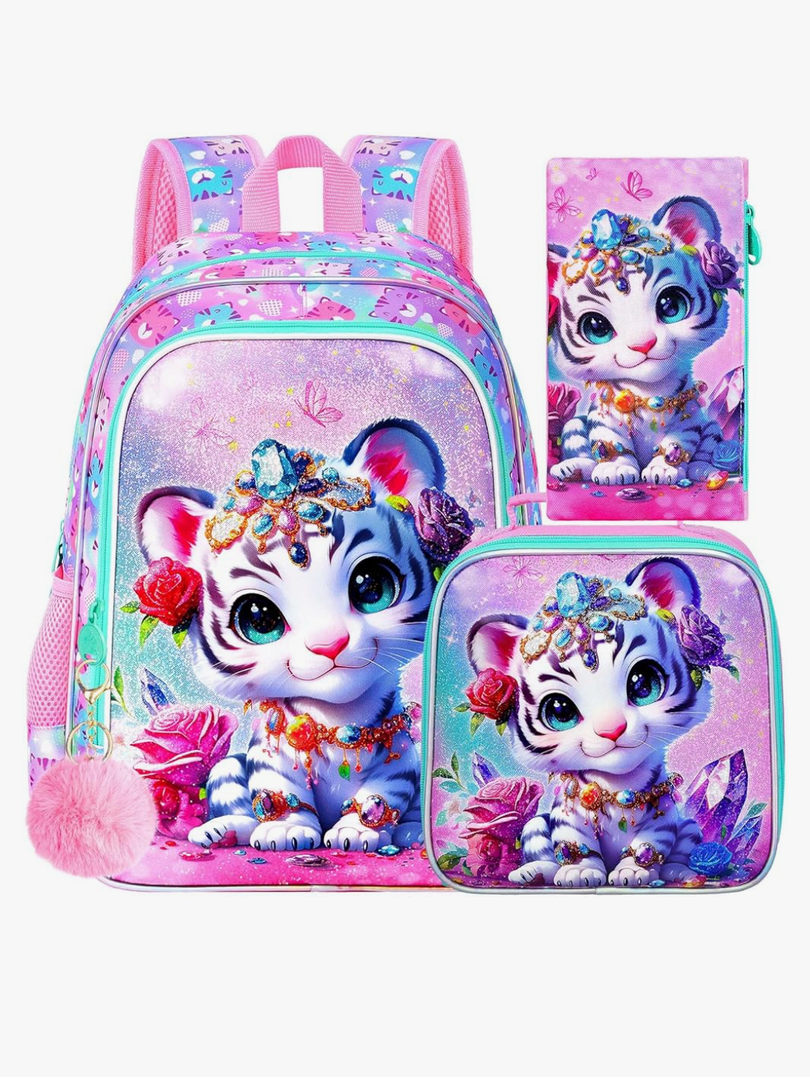 16" Tiger Backpack for Girls, 3Pcs Kids School Backpacks with Lunch Box, Bookbag for Elementary Preschool Kindergarten(Pink)