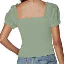 LYANER Women's Square Neck Shirred Eyelet Embroidered Puff Short Sleeve Ruffle Trim Blouse Crop Top (Green, L)