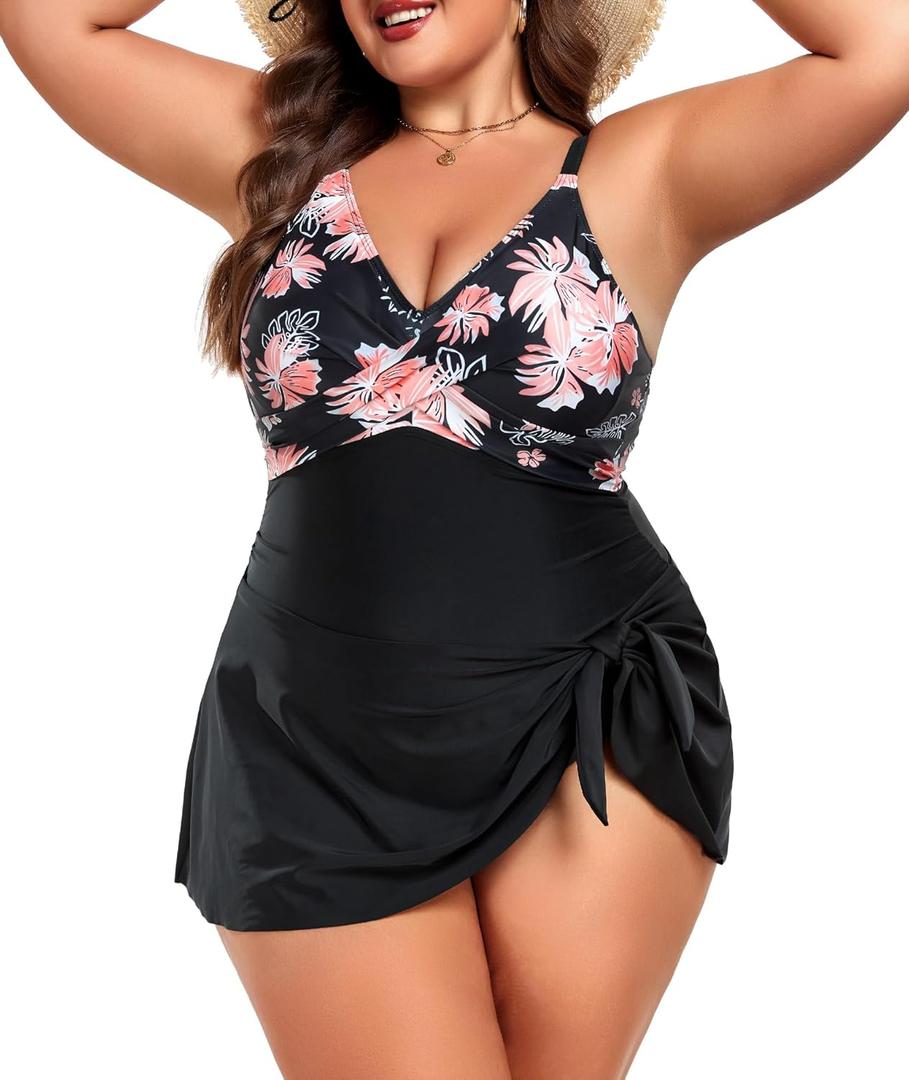 MFAVIP Women Plus Size Swim Dress Tummy Control One Piece Swimsuit V Neck, 2XL