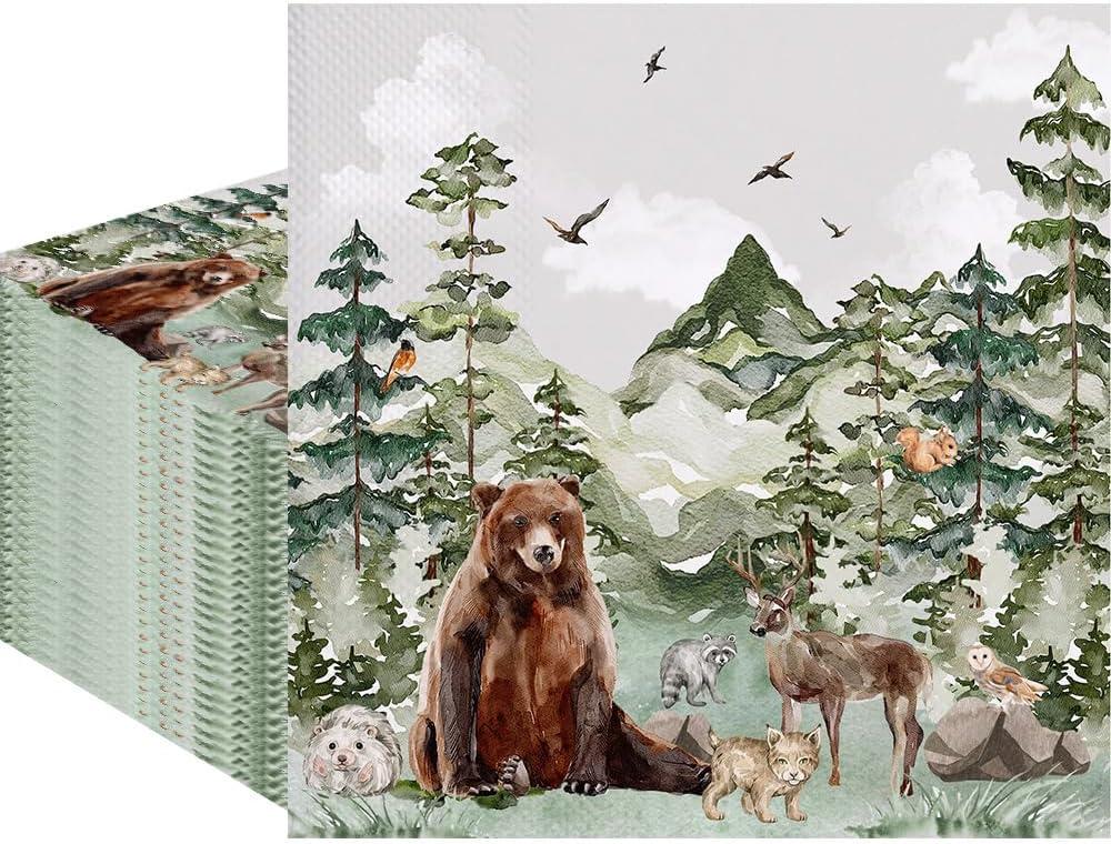 80Pcs Woodland Paper Napkins Forest Boy Adventure Disposable Napkins Wild Animals Printed Decorative Napkins for Party Supplies Table Decor