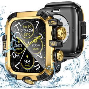3 in 1 Goton Metal PC Case for Apple Watch Screen Protector 45mm, 360 Protective Rugged Tempered Glass Waterproof Face Cover Bumper for Apple Watch Series 9/8/7, 45mm Gold