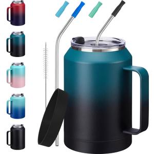 32/50oz Mug Tumbler with Handle and Straw - 32 oz Stainless Steel Wide Mouth Travel Coffee Cups w/ Lid, Reusable Home Office Work Mugs, Double Wall Vacuum Insulated Bottle Keep Cold 36 Hrs Hot 24 Hrs (Indigo Black)