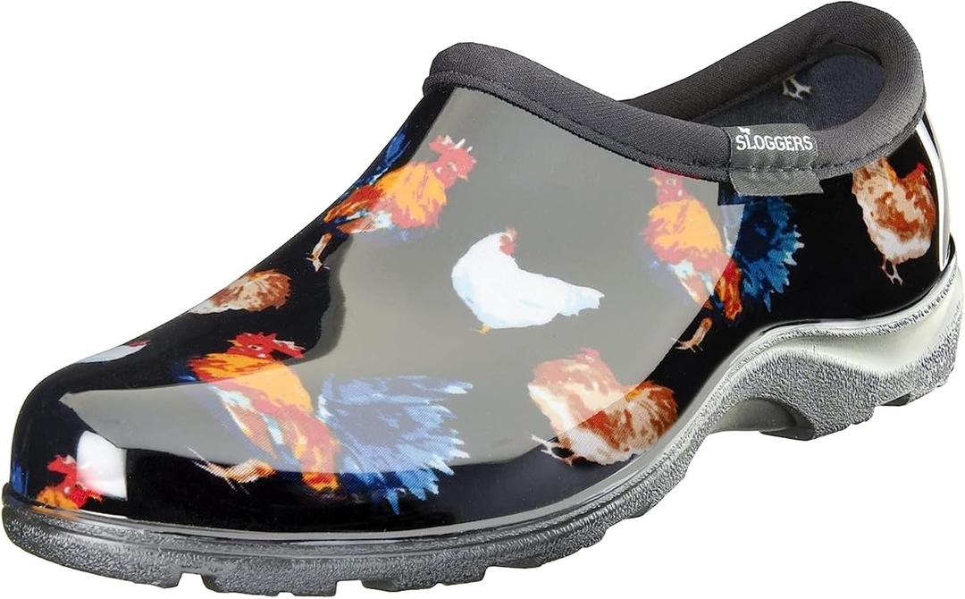 Sloggers Original Waterproof Rain and Garden Shoe for Women Outdoor Slip-On Garden Clog - Made in The USA with Premium Comfort Insole and Arch Support - Classic Chicken Black, Size 9