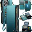 for iPhone 16 Pro Max Wallet Case Magnetic [Compatible with Magsafe] [RFID Blocking Card Holder] Zipper Strap Detachable Drop-proof Protective Phone Cases for iPhone 16 Pro Max 6.9, Turquoise