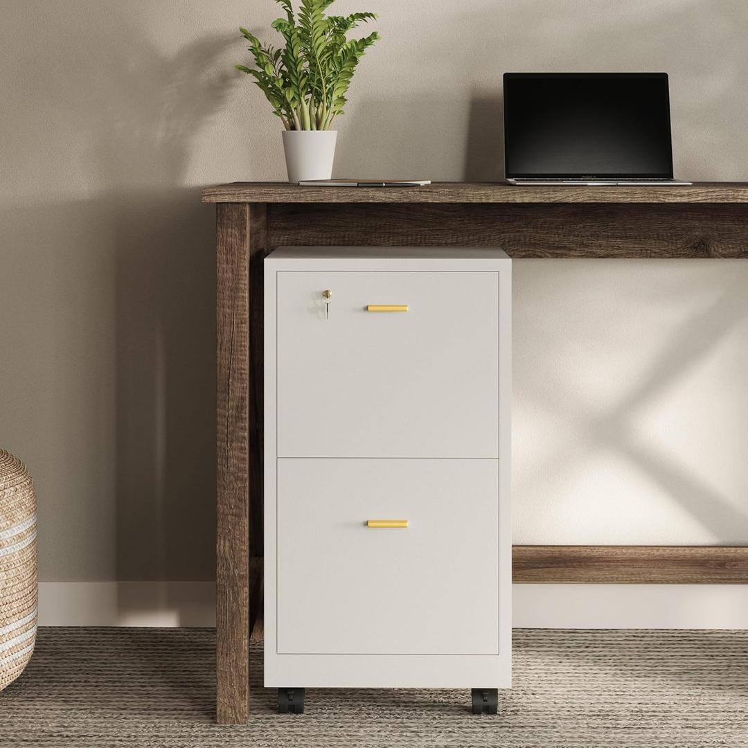 Lavish Home 2-Drawer Wooden File Cabinet with Lock, White, 16” x 27”, 15.75” x 15.75” x 27”