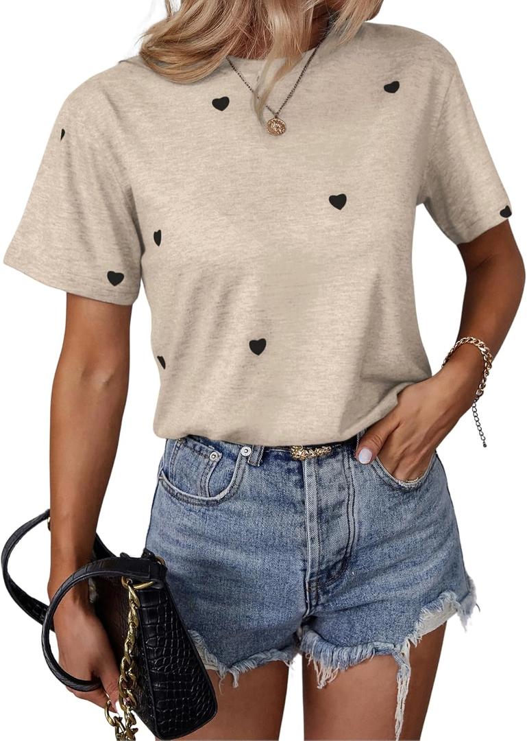 SOLY HUX Women's Heart Graphic Tees Cute Short Sleeve Shirts Crewneck Casual Summer Pullover Tops, Beige Heart, Small