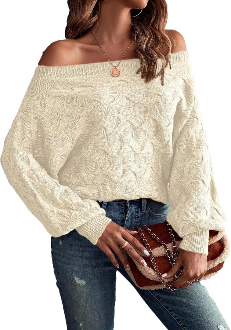 Verdusa Women's Off The Shoulder Sweater Top Dolman Sleeve Textured Knit Pullover Sweaters (Medium, Apricot)