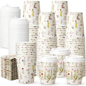 100 Sets 8oz Floral Disposable Coffee Cups with Lids and Sleeves Wildflower Paper Hot Coffee Cups for Spring Party Wedding Reception Baby Shower Bride's Birthday Party (Wildflower)