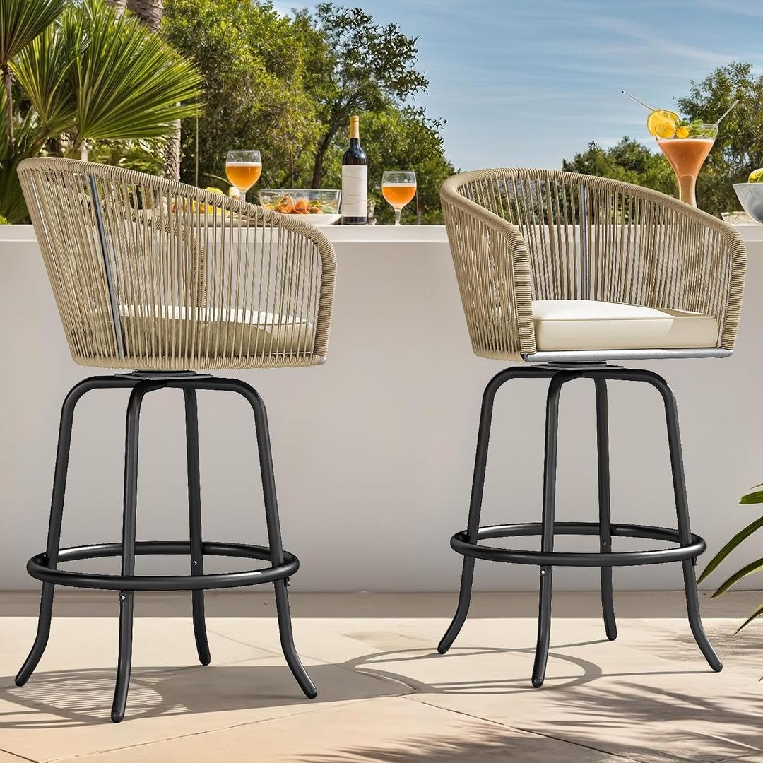 YITAHOME Counter Height Bar Stools Set of 2, Outdoor Bar Stools with Soft Cushions, Patio Rattan Swivel Bar Chairs for Backyard Poolside, Garden w /360 Rotation (Beige)