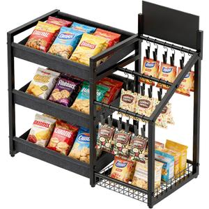 3-Tier Snack Organizer with 18 Clips, Large Capacity Snack Rack with Message Board, Snack Cart for Kitchen Office Store Party Countertop, Matte Black Metal & Oxford Fabric Snack Storage