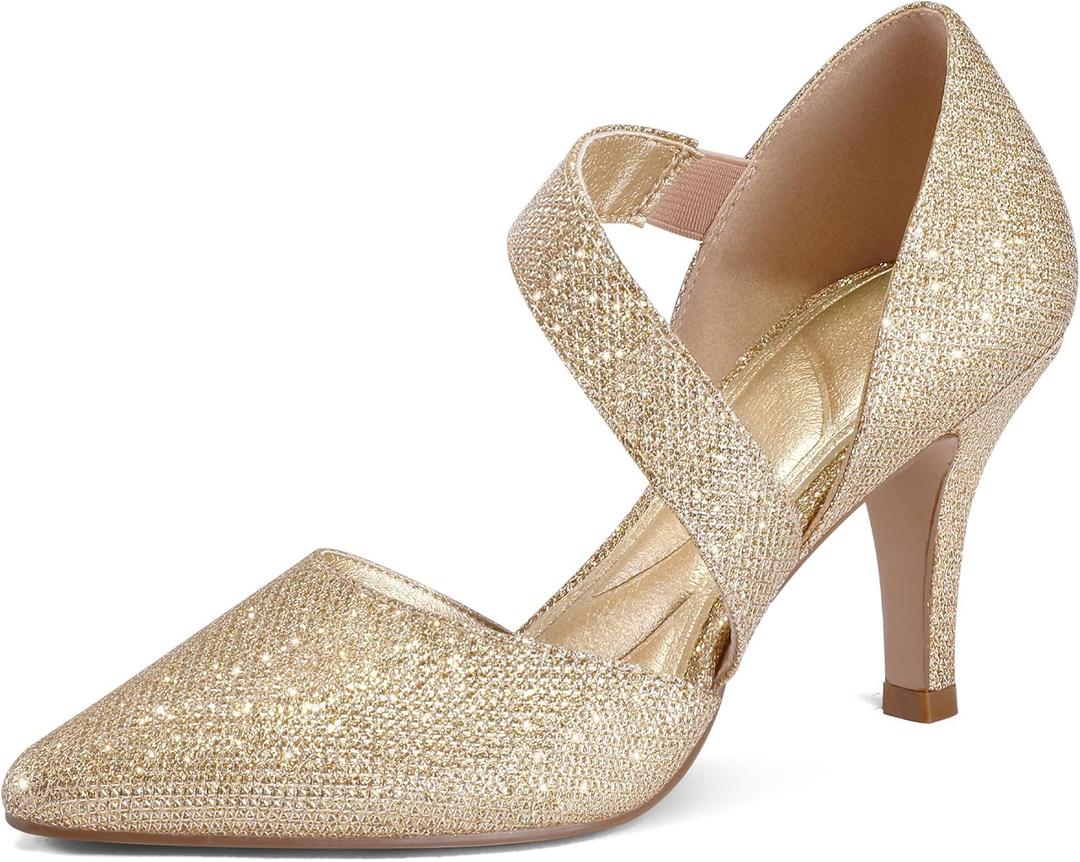 Mysoft Women's Pointed Toe Low Stiletto Heel Dress Pumps Shoes - (10 Wide, Gold-glitter)