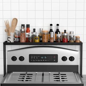 BOIVSHI Stove Top Shelf, Kitchen Over Shelf for Stove, Stove Spice Rack for Top, Adjustable 27-33inch, Fits Various Stove Lengths, Kitchen Spice Organizer, Condiments and BBQ Sauces, Black