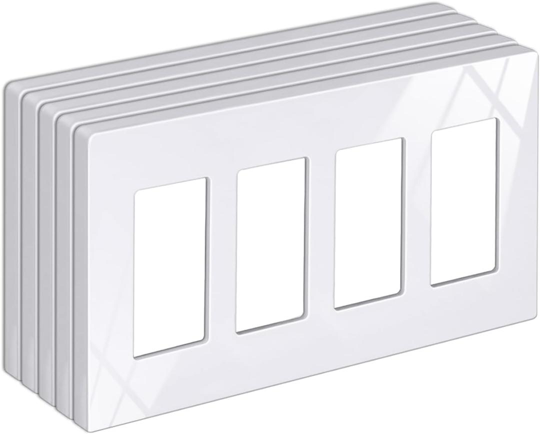 BESTTEN 5 Pack 4-Gang Screwless Decorative Wall Plate, Decorator Outlet Cover, USWP6 Snow White Series, H4.69 x L8.35, for Light Switch, Dimmer, GFCI, USB Receptacle