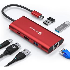 UtechSmart USB C Hub, Ethernet Multiport Adapter 6 in 1 USB C to HDMI Dock Compatible for MacBook Pro/Air, Chromebook, Dell XPS, HP and Type C Devices (Gigabit Ethernet 100W PD 4K HDMI USB 3.0) Red
