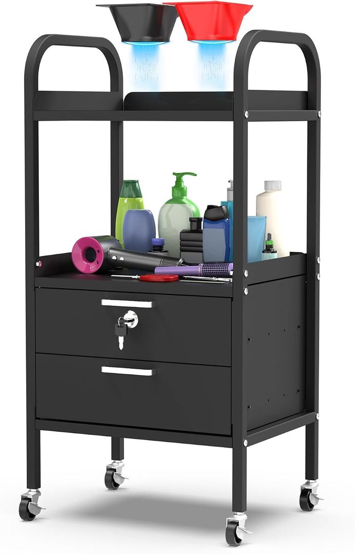 TASALON Metal Salon Trolley Cart with Wheels & Lockable Drawers 4-Tier Hair Stylist Rolling Tray Cart, Barber & Esthetician Station Organizer, Beauty Salon Equipment & Spa Storage Cabinet