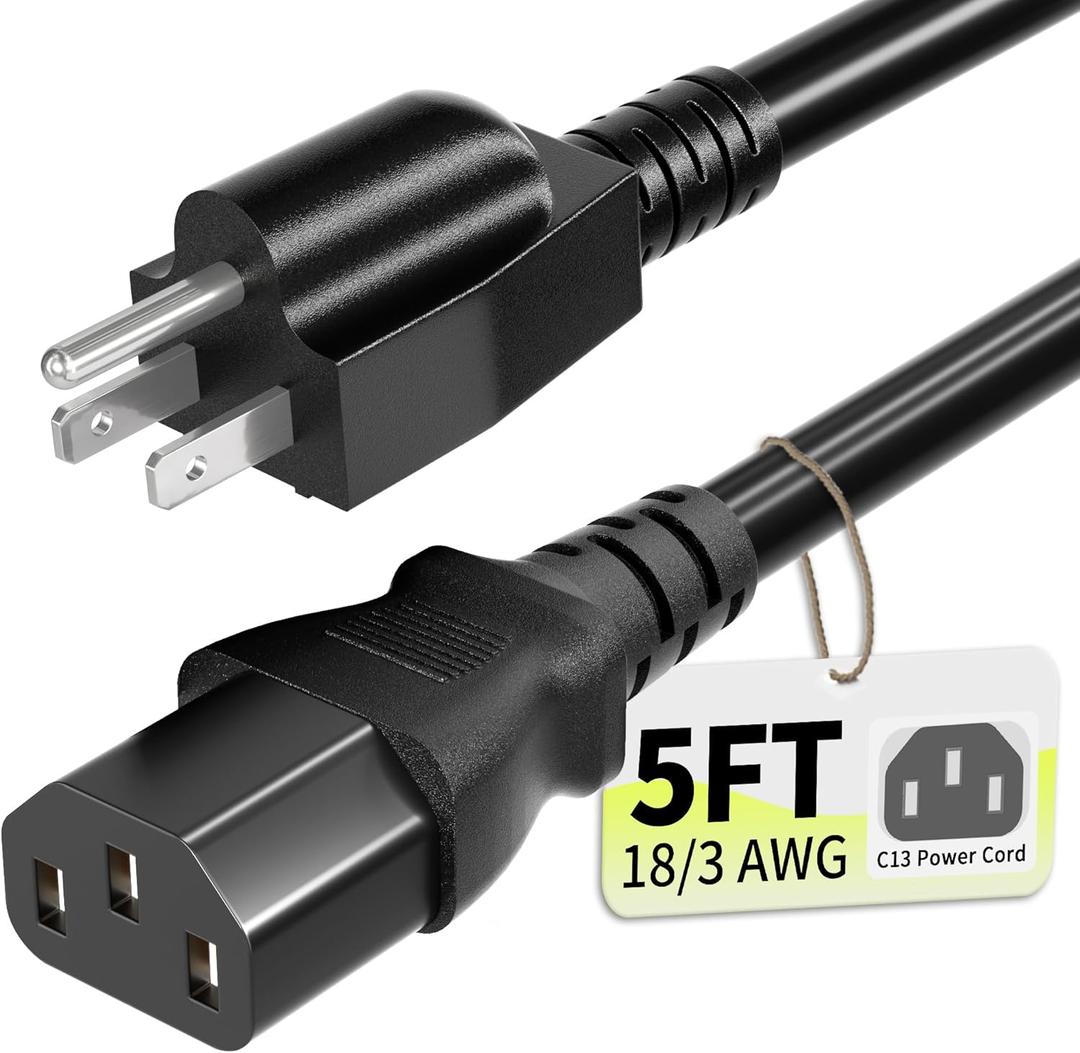 3 Prong AC Power Cord Cable 5ft 10 Amps 125 Volts 18AWG, NEMA 5-15P to C13, Black PC Power Cable for TV, Computer, Monitor, Printer, PlayStation, HP, Dell, Lenovo, Apple, Asus-ETL Listed