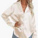 Women Satin Silk Tops Casual Long Sleeve V-Neck Button Down Shirts Ladies Business Blouse Work Office Comfortable Tunic Medium