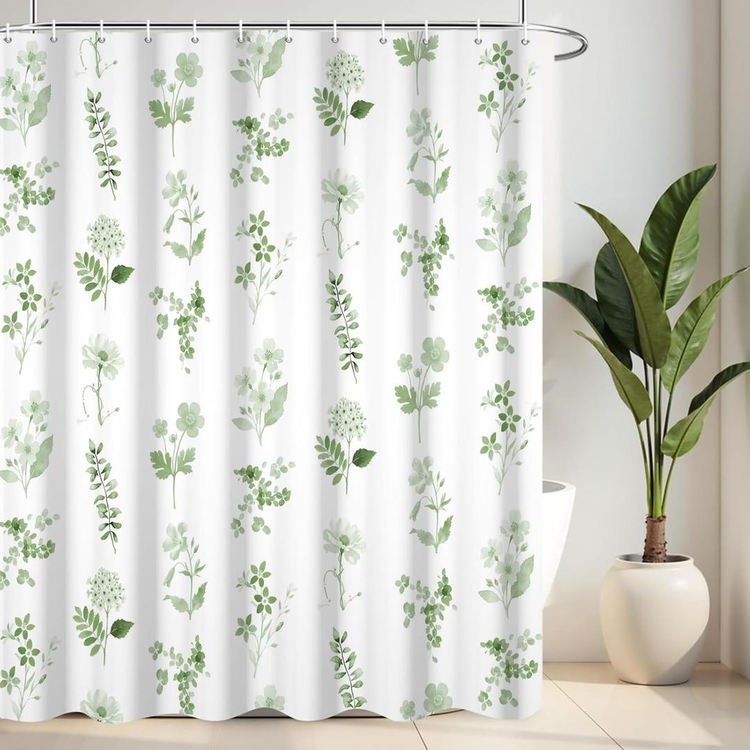 Green Floral Shower Curtain for Bathroom, Waterproof Fabric Flower Print Shower Curtains Modern Washable Botanical Shower Curtain Sets with 12 Pcs Hooks, 72x72 Inch