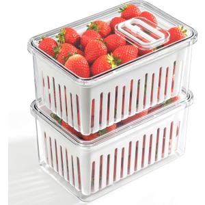2 Pcs 3.42 Quart/3.2 L Large Berry Containers for Fridge with Colander, Lid Plastic Berry Keeper Produce Saver with Adjustable Air Vent Storage Keep Fruit Lettuce Fresh, 8.3x5.5x4.3inch