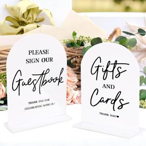 KOSKIMER 2Pcs Wedding Signs for Ceremony and Reception, 5"x7" White Acrylic Wedding Reception Signs, Guest Book Sign with Stand, Cards and Gifts Sign (Set of 2)