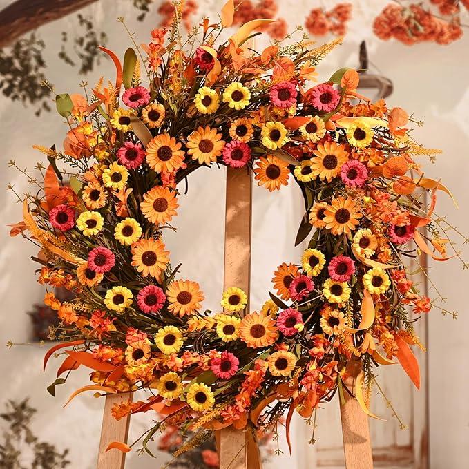 Waipfaru 2 Pcs Fall Wreaths for Front Door, 22 Inch Autumn Wreath with Daisy Lavender Fall Leaves, Fall Decorations for Home Porch Indoor Outdoor Thanksgiving Harvest Farmhouse Decor