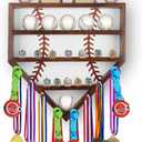 17'' Baseball Display Case with Baseball Ring Holder, Baseball Holder Stand, Wooden Medal Display Case Wall Mounted for Balls, Medals, Trophies, Rings, Brown