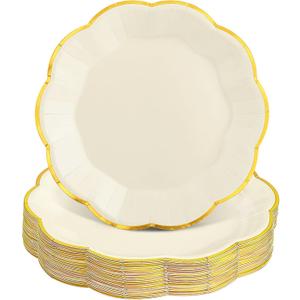 NatNarr 30 Pcs White and Gold Paper Plates, 9 Inch Cream Paper Plates Ivory Plate with Gold Trim Scalloped Wedding Plate for Baby Shower, Wedding, Birthday, Tea Party