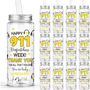 Vesici 24 Pcs 911 Dispatch Appreciation Week Gift 14.2oz Thank You Gifts Lid and Straw Plastic Reusable Tumbler Bulk Drinking Cup for Dispatcher Happy 911 Dispatch Appreciation Week Party Favors