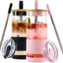 Pandaloo Glass Cups With Lids and Straws -20 Fl Oz- Perfect Size Iced Coffee Cup - Smoothie Cup With Bamboo Lid and On the go Lid - Glass Tumbler (2 Count (Pack of 1), Black Saphir-Tender Pink)