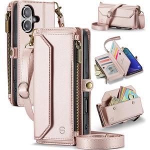 Strapurs Wallet Case Compatible with iPhone 16 Plus 6.7" RFID Blocking 10-Card Holder Soft PU Leather Magnetic Snap Shoulder Strap Zipper Pocket Phone Case Fit for iPhone 16 Plus - Rose Gold