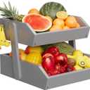 Bamboo 2 Tier Fruit Basket for Kitchen Counter, Large Capacity Fruit Storage Countertop, Fruit Holder, Wood Pantry Organizers and Storage, Kitchen Countertop Organizer With Two Banana Hangers (Grey)