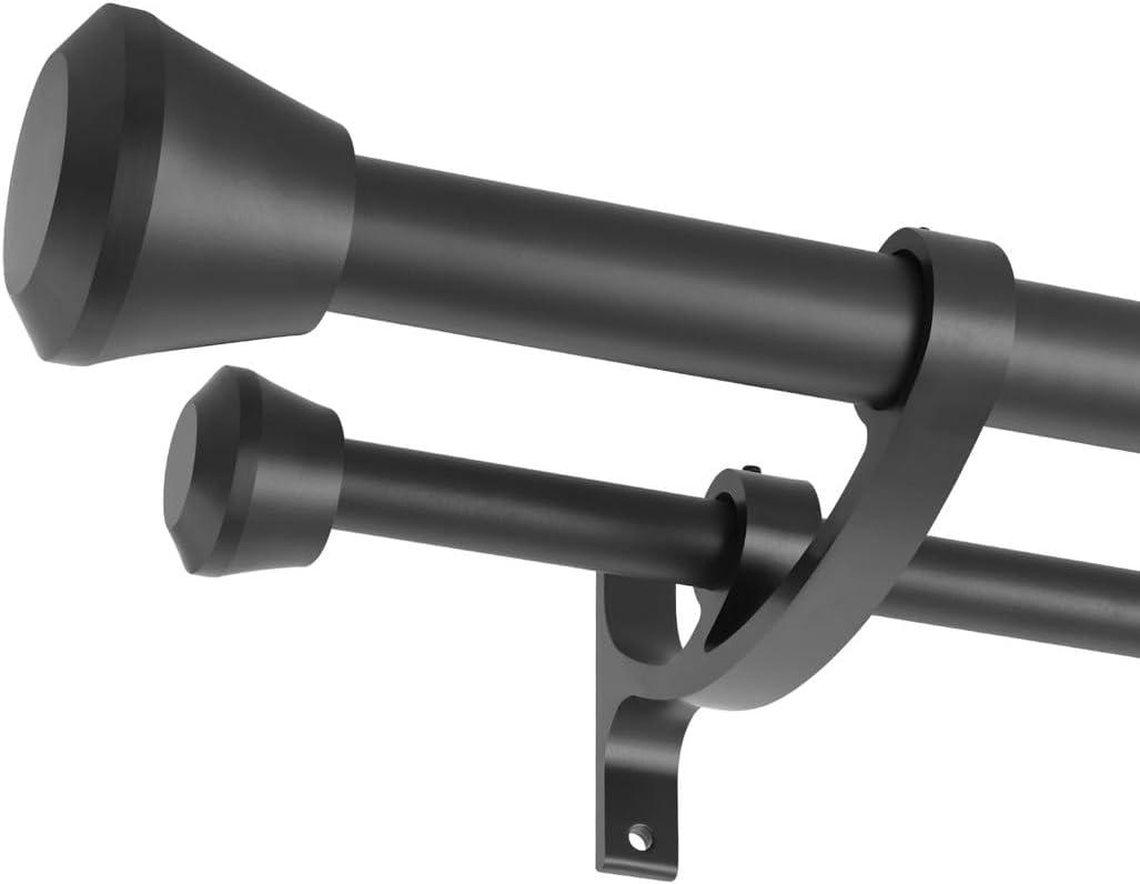 Matte Black Double Curtain Rods for Window 28 to 48 Inch, Heavy Duty Double Drapery Rod with End Cap, 1-Inch Front and 5/8 Inch Back Double Window Rods, Decorative Telescoping Double Rod Curtain Rods