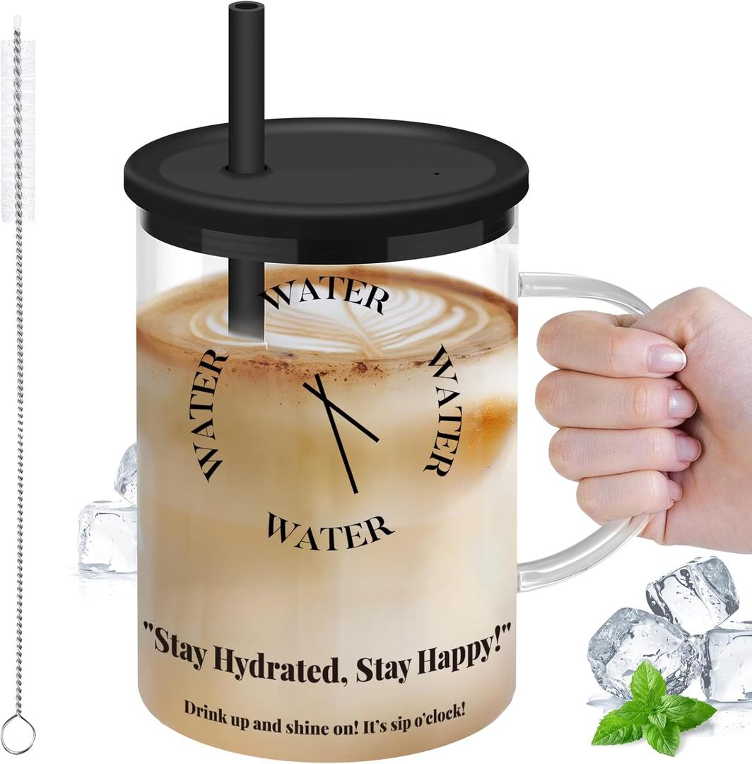 NiHome 33oz Glass Handle Cup with Silicone Lid and Straw for Daily Hydration, Large Capacity for Hot Tea, Iced Coffee, Smoothies, Ergonomic Design with Modern Minimalist Clock Pattern, Dishwasher Safe (33.8 Ounces)
