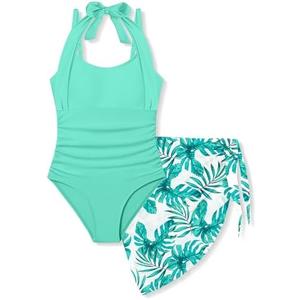 Tomolant Girls Swimsuit Halter Neck One Piece Bathing Suit with Tropical Printed Cover Up Skirt Girls' Swimwear Set 11-12Y