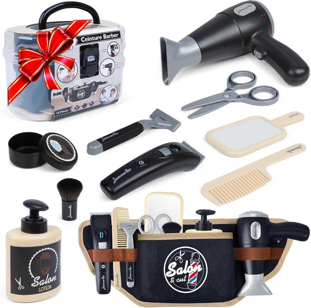 Kids Barber Shop Toy Set with Tool Belt, Realistic Haircut Kit for Boys 3+ with Light & Sound Dryer, Pretend Play Shaving Kit with Storage Box, Professional Stylist Role Play Gift, 10+ Pcs