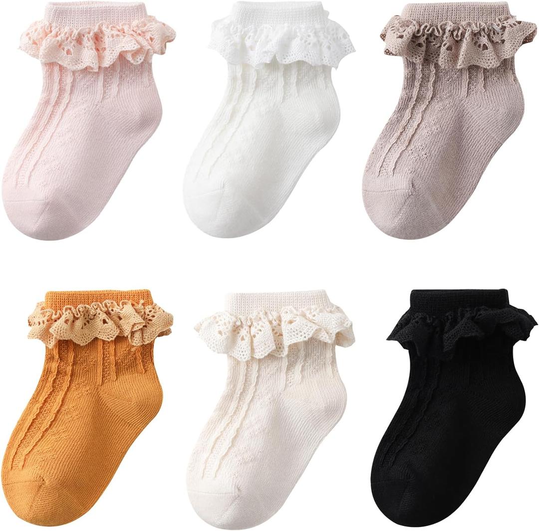 Zumou Toddler Lace Socks Girls Ruffle Eyelet Frilly Princess for Baby Little Kids (0-12 Months, A Assorteds 6 Pairs)