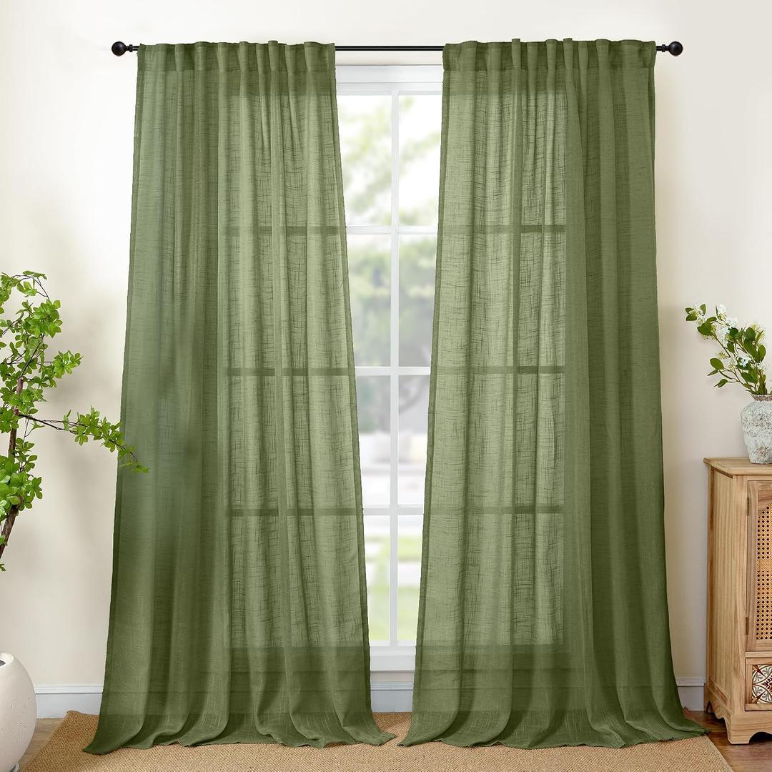 YoungsTex Olive Green Linen Curtains 84 Inch Length - Semi Sheer Drapes Light Filtering with Back Tab Rod Pocket Lightweight for Bedroom Living Room Window, 2 Panels, 52 X 84 Inch