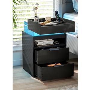 Black Nightstand with Charging Station, Hidden Sliding Top Compartment with USB-C, 2 USB Ports & 2 Outlets, Modern Night Stand with Drawers for Bedroom, 2 Drawer-Inside Charging