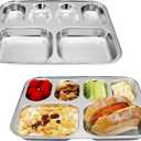 Korean Stainless Steel Divided Plates for Kids, Adults, Students, Premium 304, Electro-Polished, No Black Residue, BPA-Free, 6-Compartment Food Tray, Picky Eaters, Diet Portion Control, Set of 2