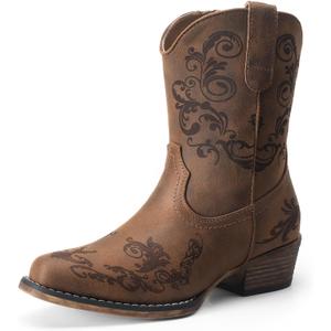 DREAM PAIRS Women's Cowboy Cowgirl Western Ankle Boots Low Chunky Heels Square Toe Fall Short Booties Shoes, Size US 10